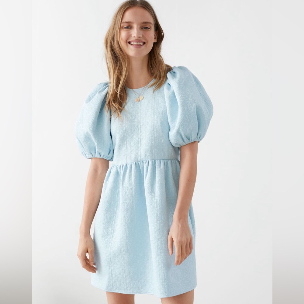 & Other Stories Revolve Light Blue Puff Sleeve Jacquard Gathered Mini Dress XS